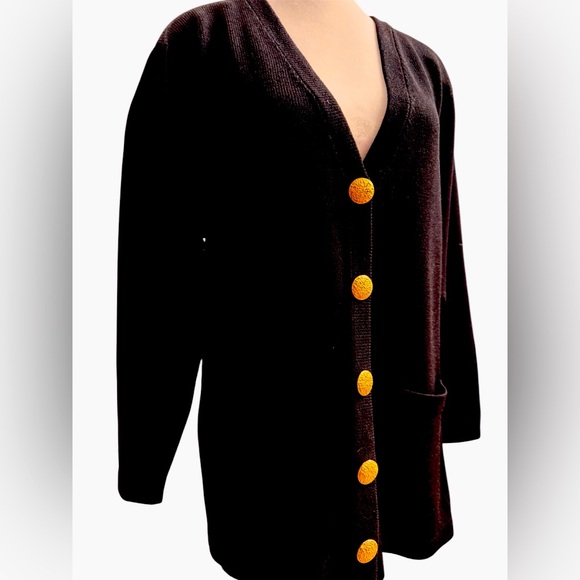 VTG Black Deep V Knit Slouchy Cardigan – Gold Embossed Buttons & Shoulder Pads - Picture 2 of 16